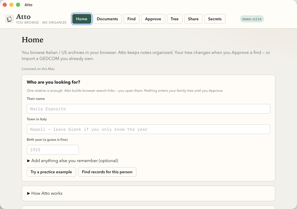 Atto desktop app — Home with demo-site project