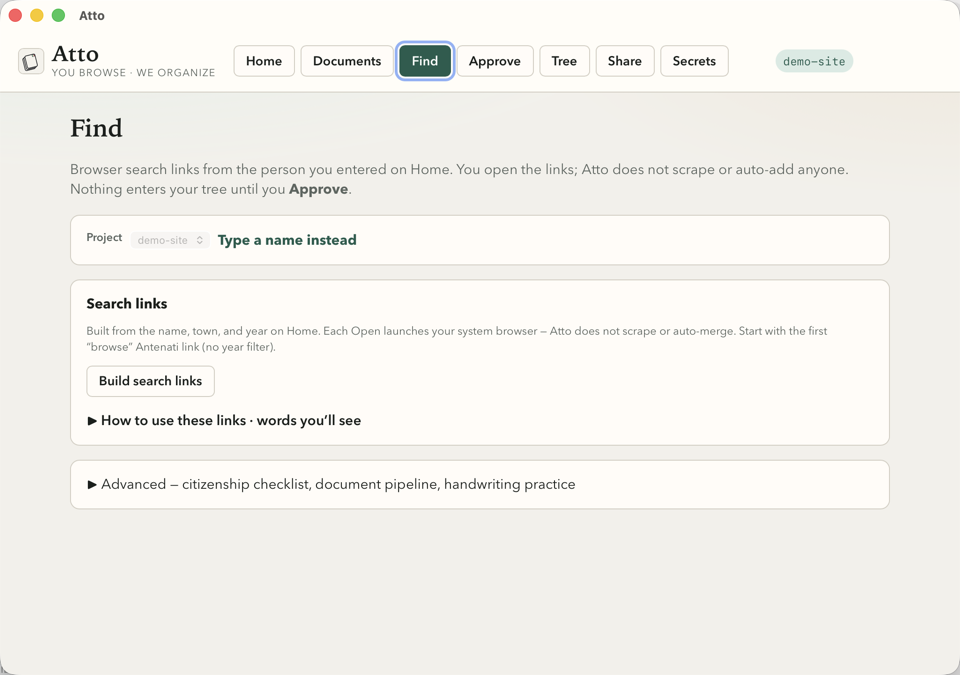 Find — search links and practice demo